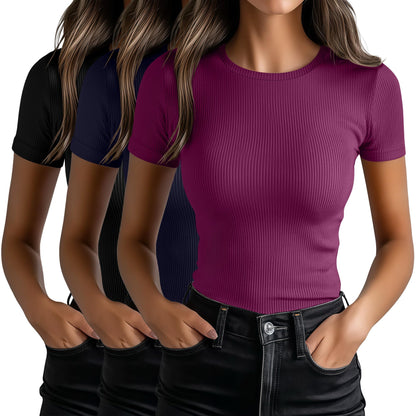 Ficerd 3 Pack Women's Short Sleeve T Shirts, Crew Neck Ribbed Knit Tops for Summer Casual Solid Tee Slim Fitted Basic Shirts(Black, Navy Blue, Fuchsia,X-Large)