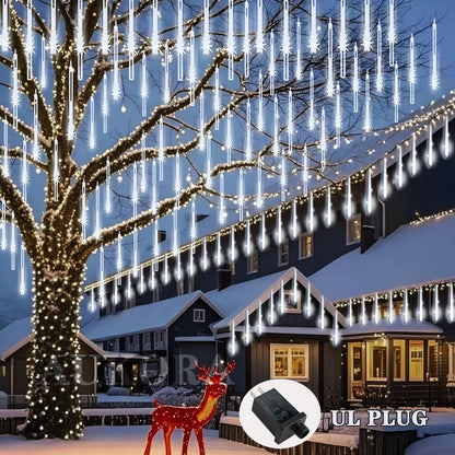 Aukora Christmas Lights Outdoor Meteor Shower Falling Rain Lights 12 inch 8 Tubes 192LED Snowfall Cascading Icicle String Light for Xmas Tree Decor Wedding Party Holiday Window Garden, UL Plug, White