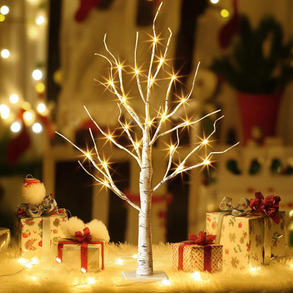 EAMBRITE Lighted Birch Tree Christmas Decorations for Home, White Birch Tree with Lights, 24 LED Lighted Mini Money Tree Twig Tree Battery Operated with Timer, Indoor Table Centerpiece Decor (2FT)