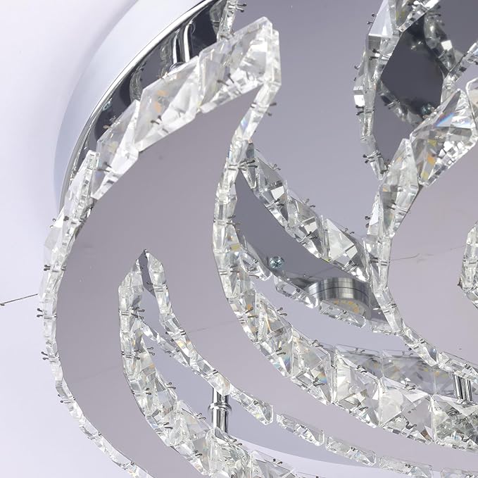 CXGLEAMING 15.7" Crystal Chandelier Modern LED Ceiling Light Moon Shape Crystal Flush Mount Ceiling Lights Fixture for Bedroom Living Room Kitchen Hallway (6500K Cool White)