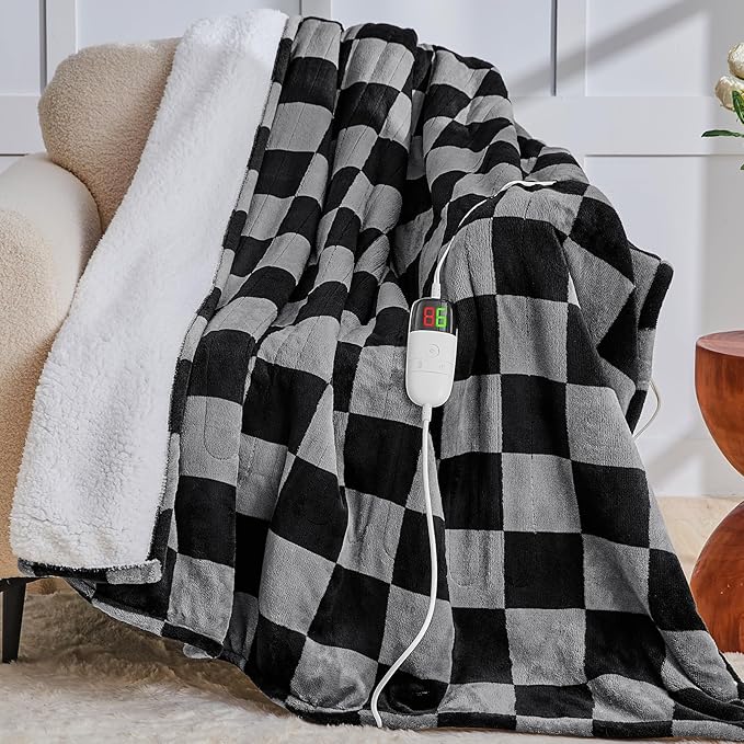 Heated Electric Blanket Twin Size, 62X84 Heating Blanket with 10 Heat Level & 8 Hours Auto Off, Black Gray Checkered Plaid Soft Fleece Sherpa Blankets Warmer Gifts for Couch Grandma Women Adults