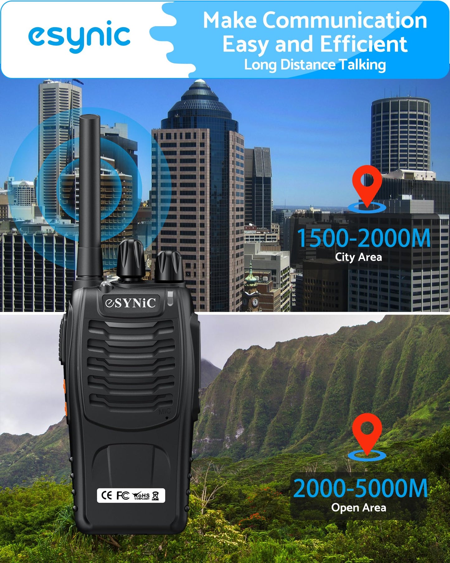 eSynic 2Pack Professional Walkie Talkies for Adults Rechargeable Walkie Talkies Best 16CH Walkie Talkie Hand Free VOX Two Way Radio With Earpieces& LED Lights Wonderful Gifts For Adults Kids etc