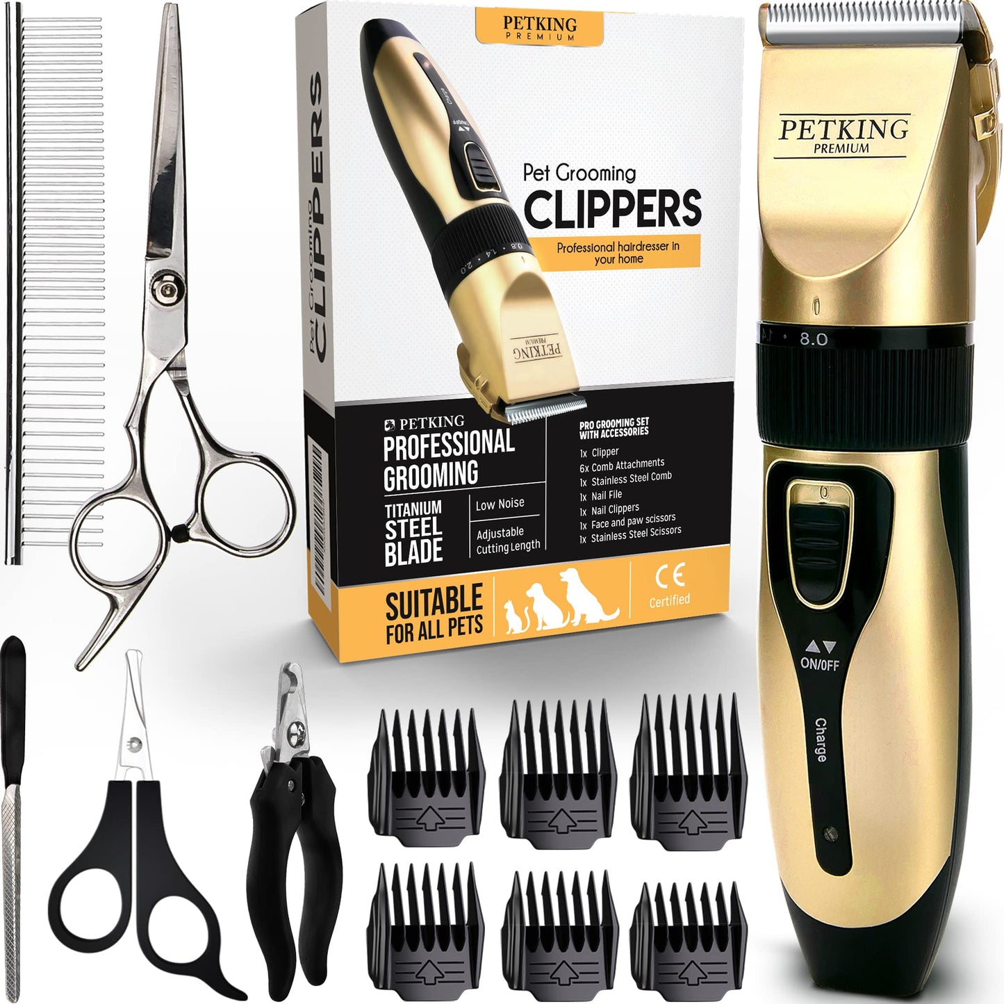 PetKing Premium Dog Clippers Dog Grooming Kit Grooming Clippers Professional for Thick Hair Coats Pet Clippers Kit for Dogs Cats Pets Cordless Silent Dogs Hair Trimmer Clipper Shaver Set Low Noise
