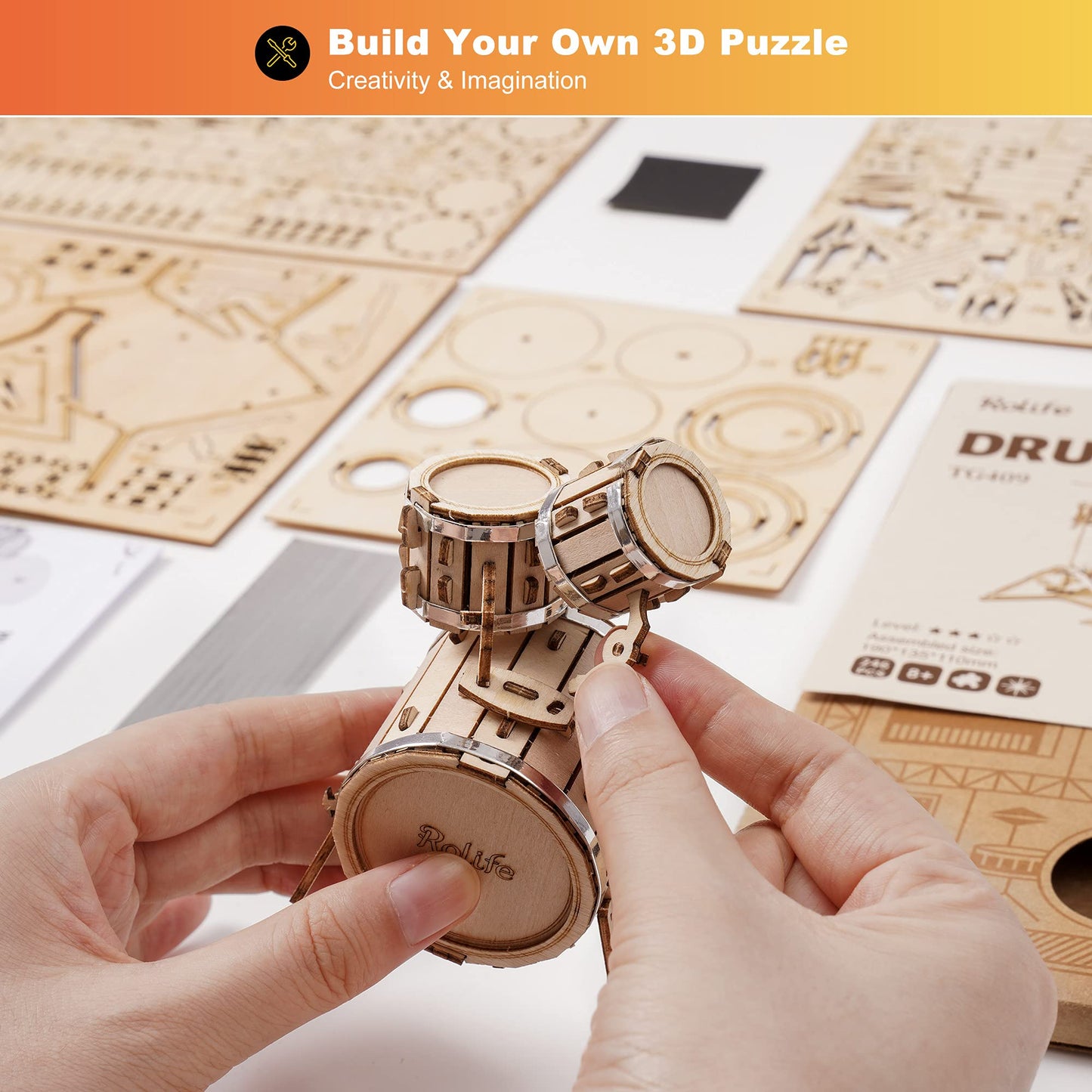 Rolife 3D Wooden Puzzles Drum kit Craft Model Kits for Adults to Build Musical Instruments Birthday Gift for Family and Friends 246 Pieces, Drum kit