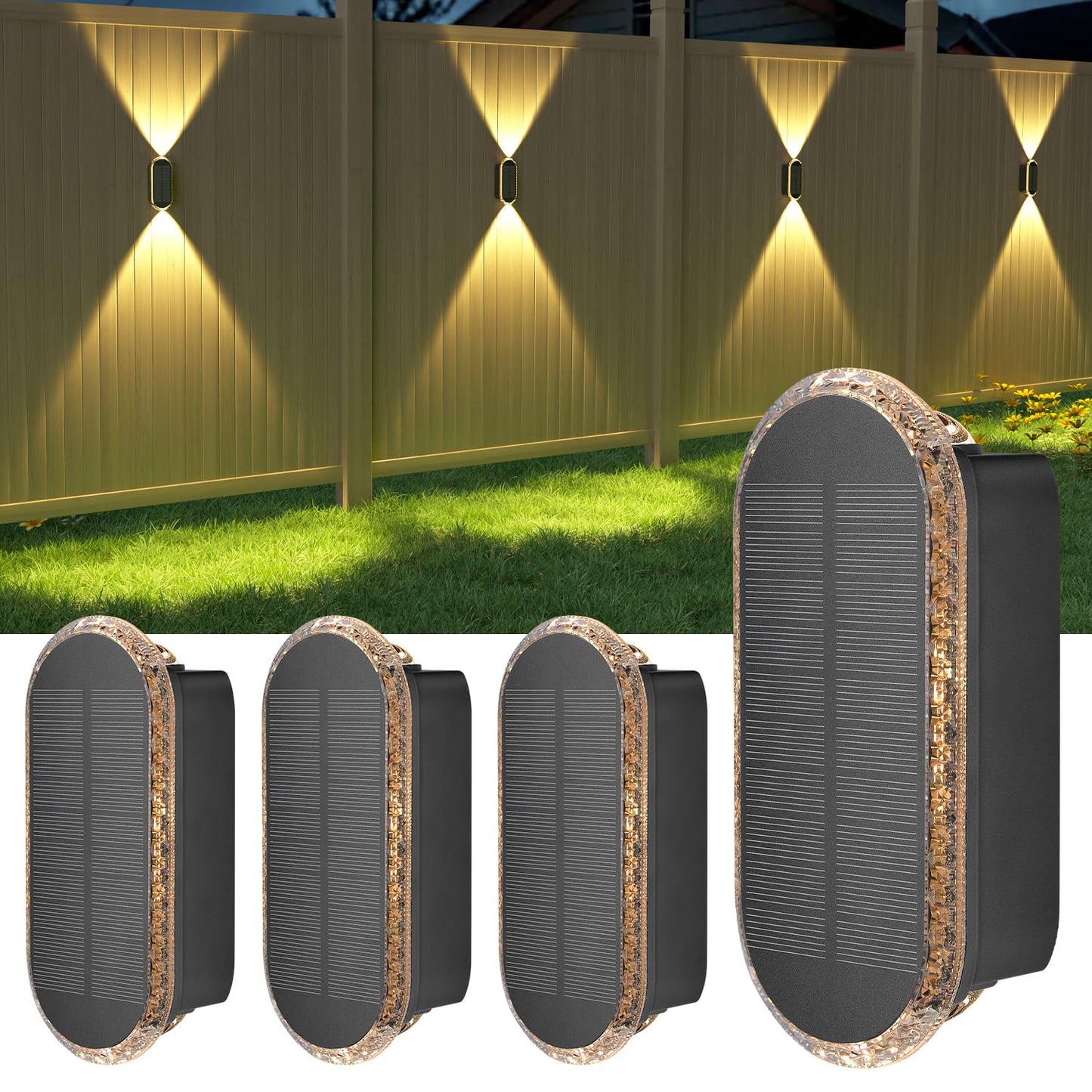 ELLASAY Solar Fence Lights Outdoor Garden,3000K/4000K/6000K 3 Modes Brighter Garden Wall Lights Solar Powered Waterproof IP65 for Patio/Backyard/Porch/Pool Decorations,4PK