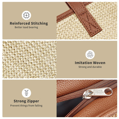 KALIDI Straw Tote Beach Bag Striped Shoulder Handbag Stitch Woven PU Leather Handle Zipper Closure Inner Pocket Travel Shopping Picnic