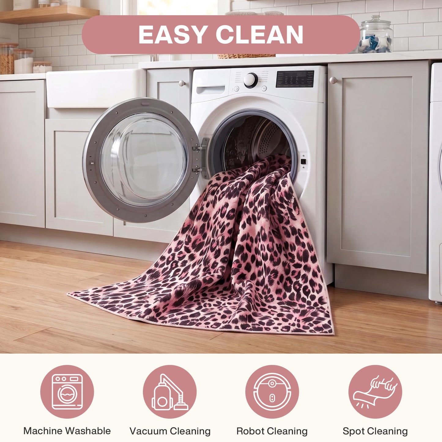 5x7 Leopard Area Rugs for Living Room, Machine Washable Cheetah Rug for Bedroom, Animal Rug Foldable Ultra-Thin Indoor Non-Slip Carpet for Dining Room Foyer Apartment Den, Pink, Oeko-TEX Certified