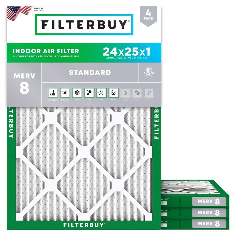 Filterbuy 24x25x1 Air Filter MERV 8 Essential Dust & Allergy Defense (4-Pack), Electrostatic Pleated HVAC AC Furnace Filters Replacement, Made in USA (Actual Size: 23.88 x 24.88 x 0.75)