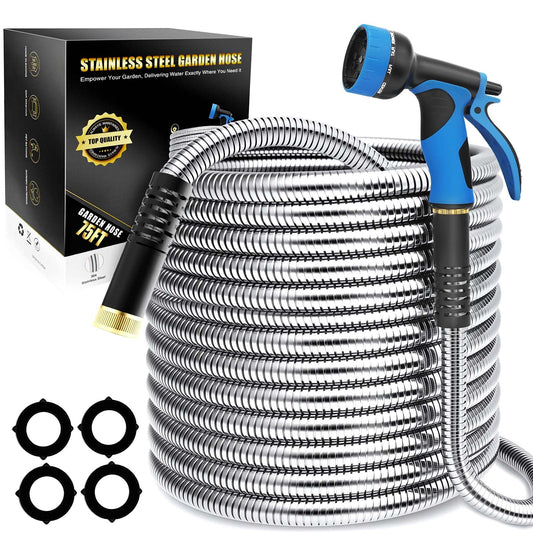 Lefree 75ft Metal Garden Hose - Heavy Duty 304 Stainless Steel Flexible Water Hose, No Kinks & Leak-Proof with Upgraded Handle, 10-Function Spray Nozzle for Yard, Garden, Pet Bath, Outdoor Cleaning
