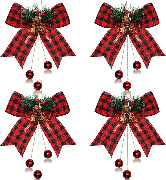 Xinnun 4 Pieces Christmas Buffalo Plaid Bows with Pine Cones Pine Needles Xmas Plaid Bow Ornament Christmas Tree Wreath Decoration for Holiday Parties DIY Crafts Home Decor (Red,Black)