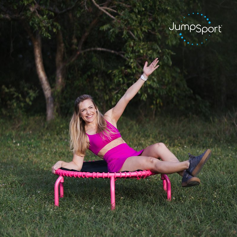 JumpSport 350 PRO Fitness Trampoline, Cardio Workout, No-Tip Arched Legs Home Gym Equipment with Adjustable Bungees & 60 Day Trial Video, 39", Pink