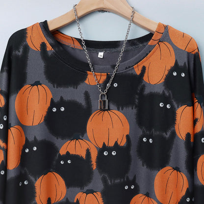 BOUTIKOME Womens Halloween Pumpkin Sweatshirt Black Cat Long Sleeve Crewneck Pullover Shirts with Pocket Tunic Tops (Dark Grey, X-Large)