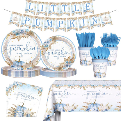 AIBIIN 194Pcs Fall Pumpkin Baby Shower Decorations for Boys, Boho Floral Pampas Grass Little Pumpkin Party Supplies Disposable Tableware Set Plates Napkins Banners Plastic Tablecloth for Baby Shower