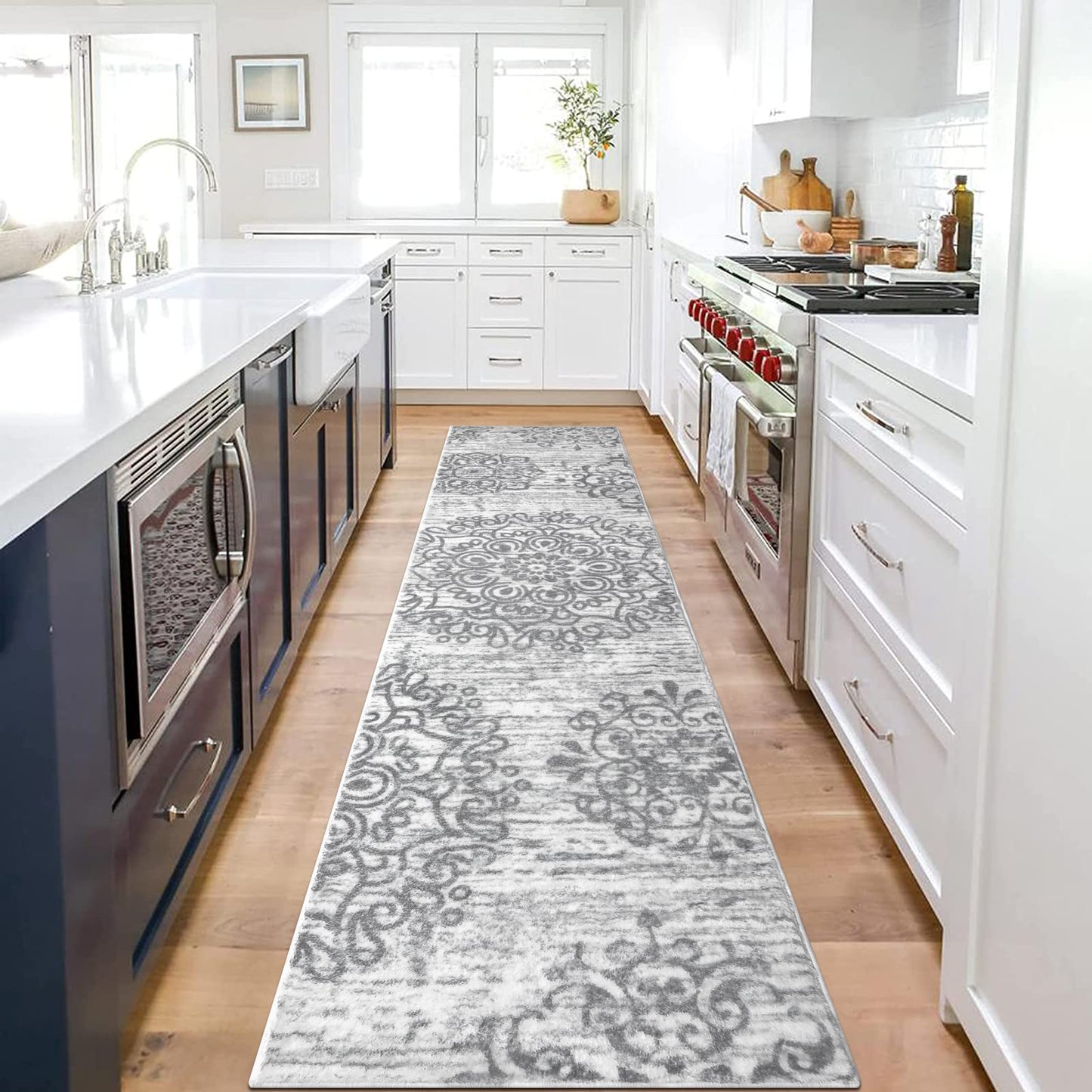 HEBE Hallway Runner Rug 2'x8' Washable Vintage Distressed Area Rugs Non Slip Laundry Rug Runner Boho Floor Carpet Runners for Hallways Entryway Laundry Room Kitchen Bathroom,Grey