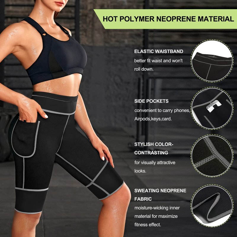 TrainingGirl Women's Hot Neoprene Sauna Sweat Shorts with Pocket Weight Loss Slimming Pants Workout Body Shaper Yoga Leggings (Black, L (See in Last Picture))