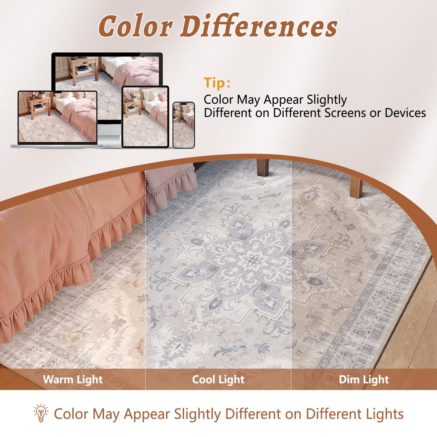 TTelephant 2x6 Runner Rug, Soft Non-Slip Vintage Medallion Rug, Low-Pile Bedroom Runner Rug Indoor Runners for Girls Room, Kids Room, Bedroom Bedside -Light Blush/Cream
