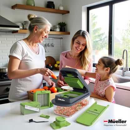 Mueller Pro-Series 10-in-1, 8 Blade Vegetable Chopper, Onion Mincer, Cutter, Dicer, Egg Slicer with Container, French Fry Cutter Potato Slicer, Home Essentials, Salad Chopper,Gray/Green