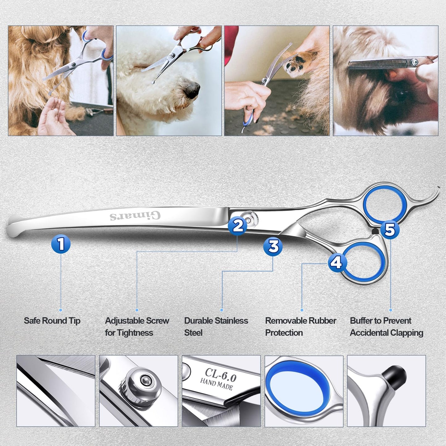 Gimars Professional 6 in 1 Dog Grooming Scissors 4CR Stainless Steel with Safety Round Tip, Heavy Duty Titanium Coated Pet Grooming Scissor for Dogs, Cats and Other Animals