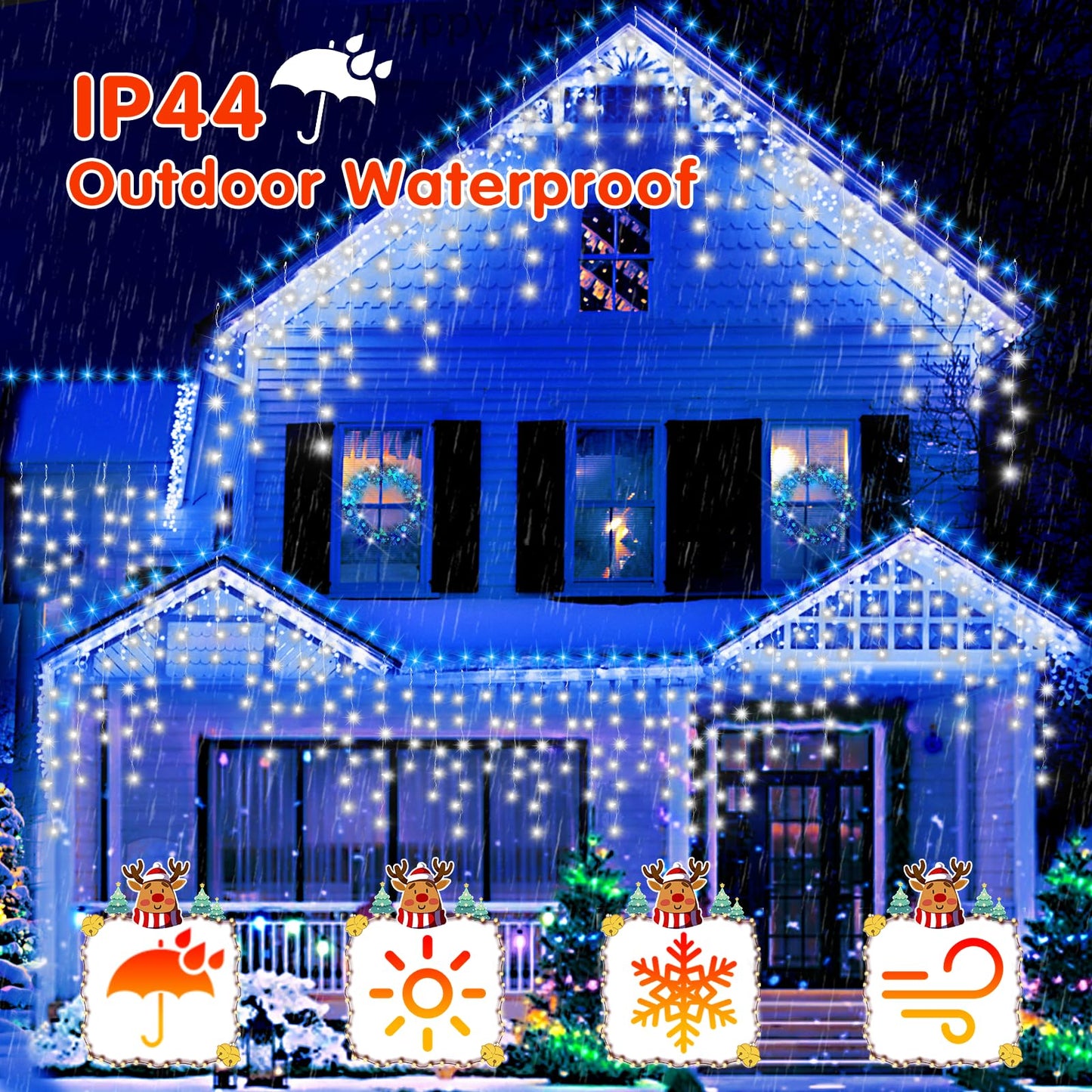 JREWDOIN 131FT Christmas Lights Outdoor 1440 LED Christmas Decorations Waterproof Plug in with 8 Modes & Timer Christmas Lights for Roof Party Garden Holiday Decor (Cool White)