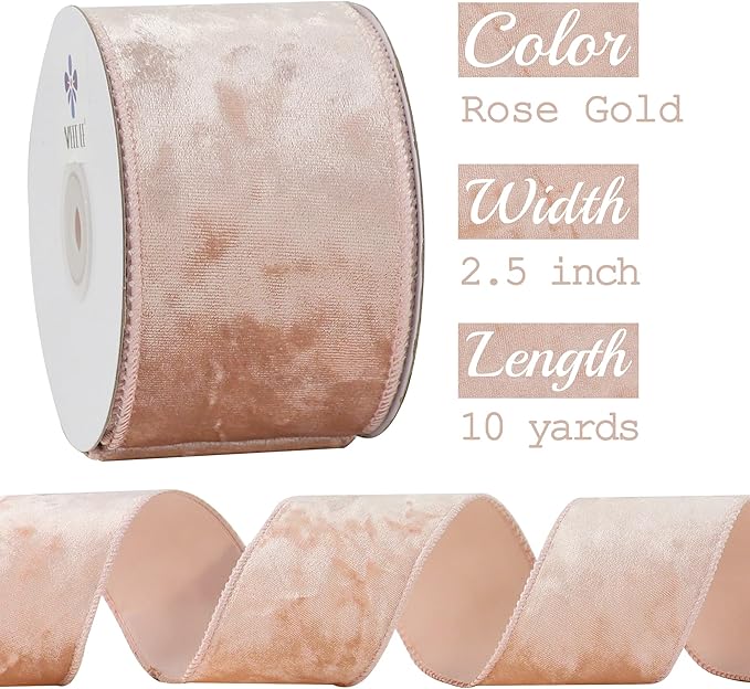 MEEDEE Rose Gold Velvet Wired Ribbon 2.5 Inch - 10 Yards Crushed Velvet for Christmas Tree Decoration, Wreath Supplies, Crafts Bow