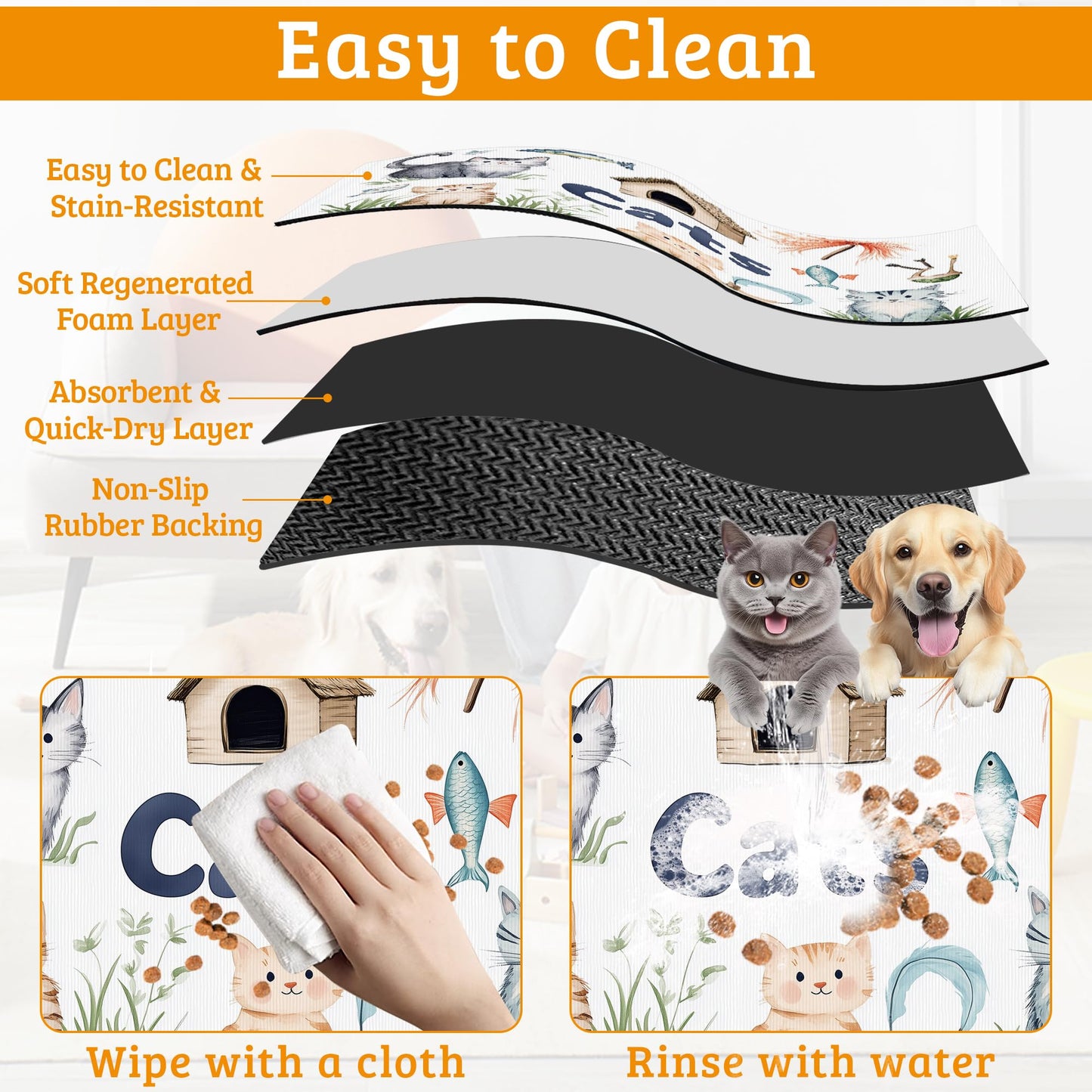 Cats Dog Food Mat,Cute Fun Absorbent Pet Feeding Mat for Food and Water Bowl,Quick Dry Dog Placemat Non Slip Rubber Backing Waterproof Pet Supplies 12" x 20"
