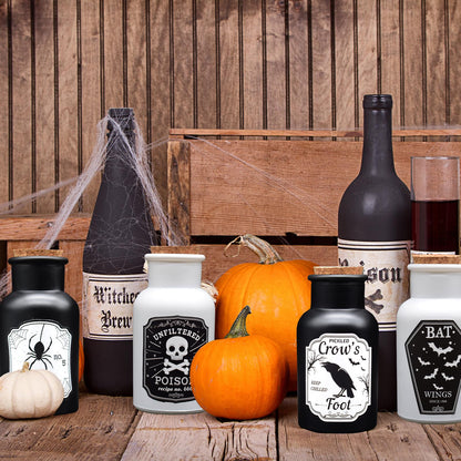 Ainswei Halloween Decorations Indoor, 4 Potion Bottle with Cork, 12PCS Label Halloween Stickers, Black and White Apothecary Glass Bottles, For Tiered Tray Table Home Room Halloween Decor