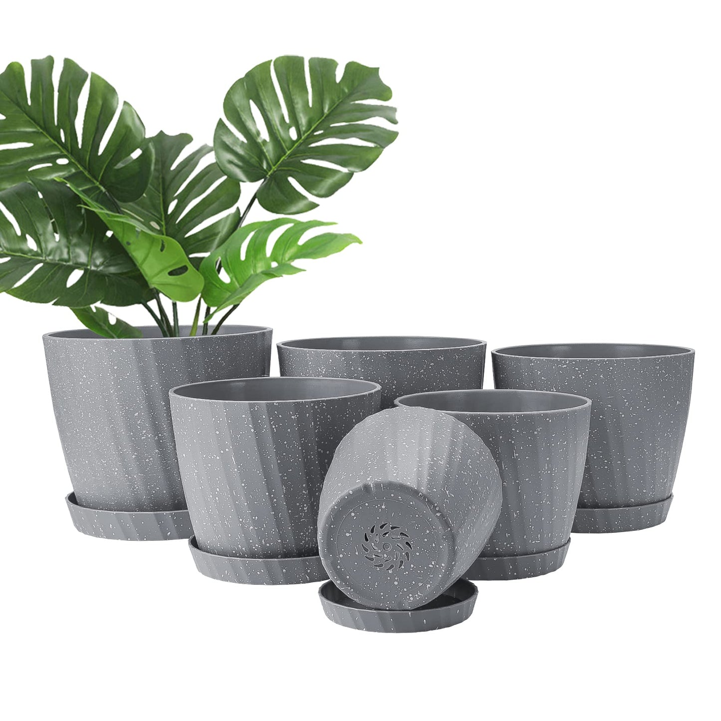 Plant Pots Indoor, 6Pack Plastic Plant Pots 19/17.5/16.5/15.5/14/11.5cm, Flower Pots Outdoor Self Watering Indoor Plant Pot with Drainage Holes and Tray, Plastic Planter for Garden House Plants(Grey)