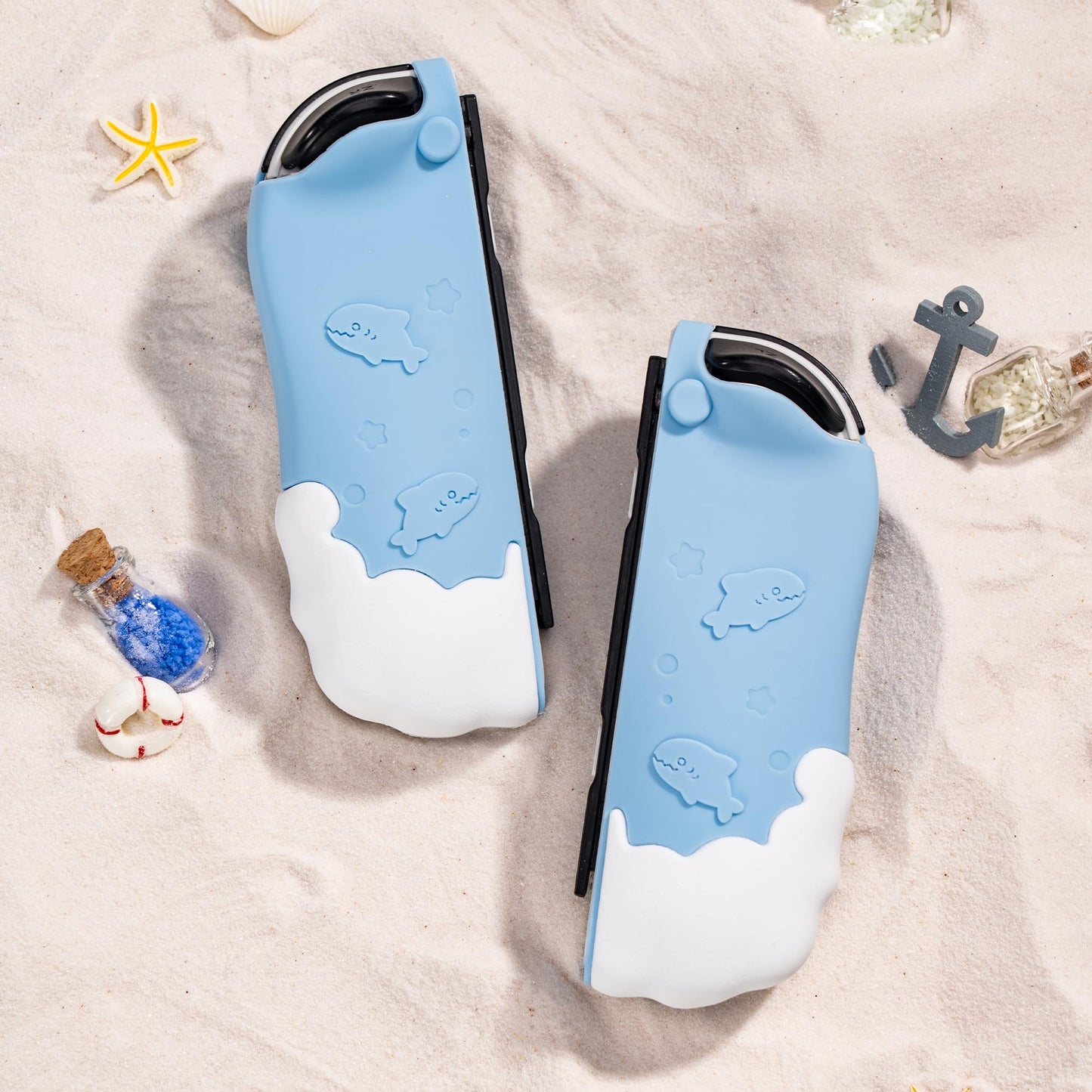 GeekShare Protective Case for Switch Joy Con Controllers,Soft Silicone Protective Cover with 2 Thumb Grips Compatible with Switch/OLED Joy Cons - Shark Party