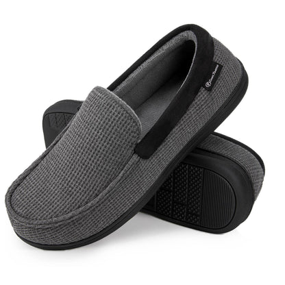 EverFoams Men's Comfort Memory Foam Moccasin Slippers Breathable Terry Cloth House Shoes with Anti-Skid Rubber Sole Grey 10 UK