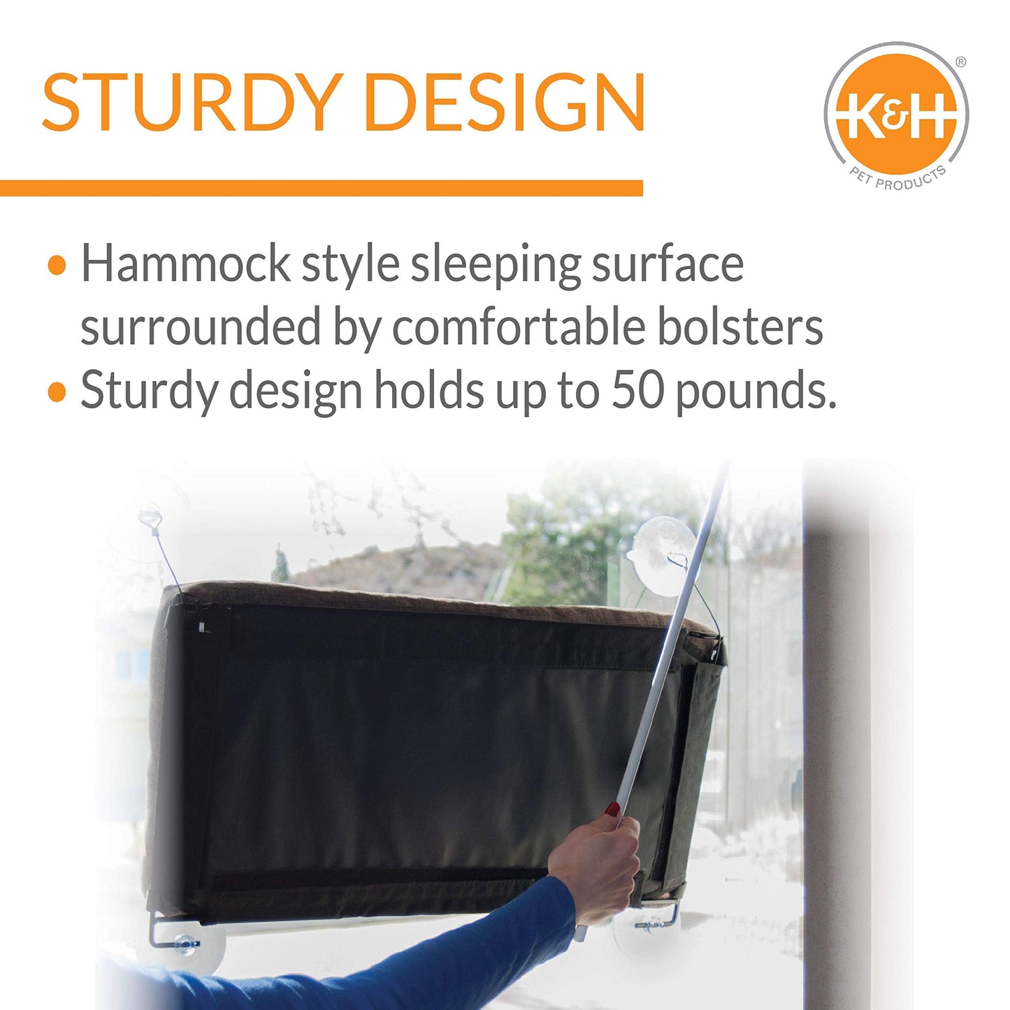 K&H Pet Products EZ Mount Bolster Cat Window Perch for Large Cats, Sturdy Kitty Window Hammock Bed, Steel Frame, Sturdy Suction Cups, Washable Shelf Covers, Foldable - Fits 27"W X 23"H Glass Spaces