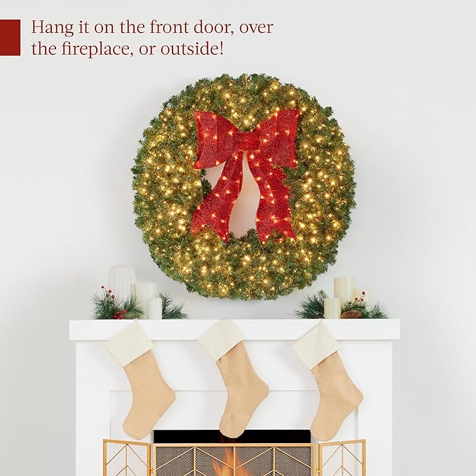 Best Choice Products 30in Large Artificial Pre-Lit Fir Christmas Wreath Holiday Accent Decoration for Door, Mantel w/Red Lighted Bow, 130 LED Lights, 220 PVC Tips, Power Plug-in