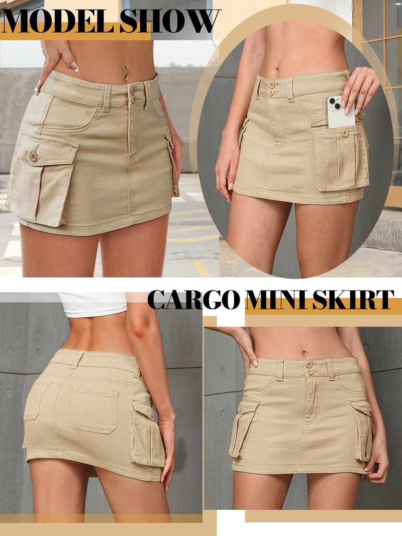 Mancreda Women Denim Cargo Skirt Mini Low Waist Button Bodycon Y2K Flap Pockets Skirts(CA,XS)