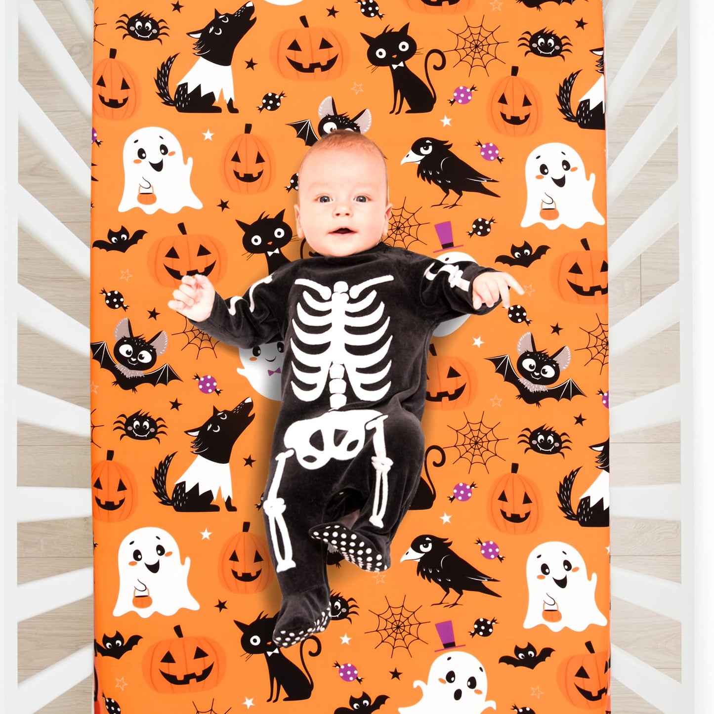 JISEN Halloween Crib Sheet Bats Fitted Crib Sheet for Boys Girls Crib Mattress Cover Baby Sheet for Standard Crib and Toddler Mattress Soft Breathable Baby Bed Sheet for Neutral 52x28 Inch Ghosts