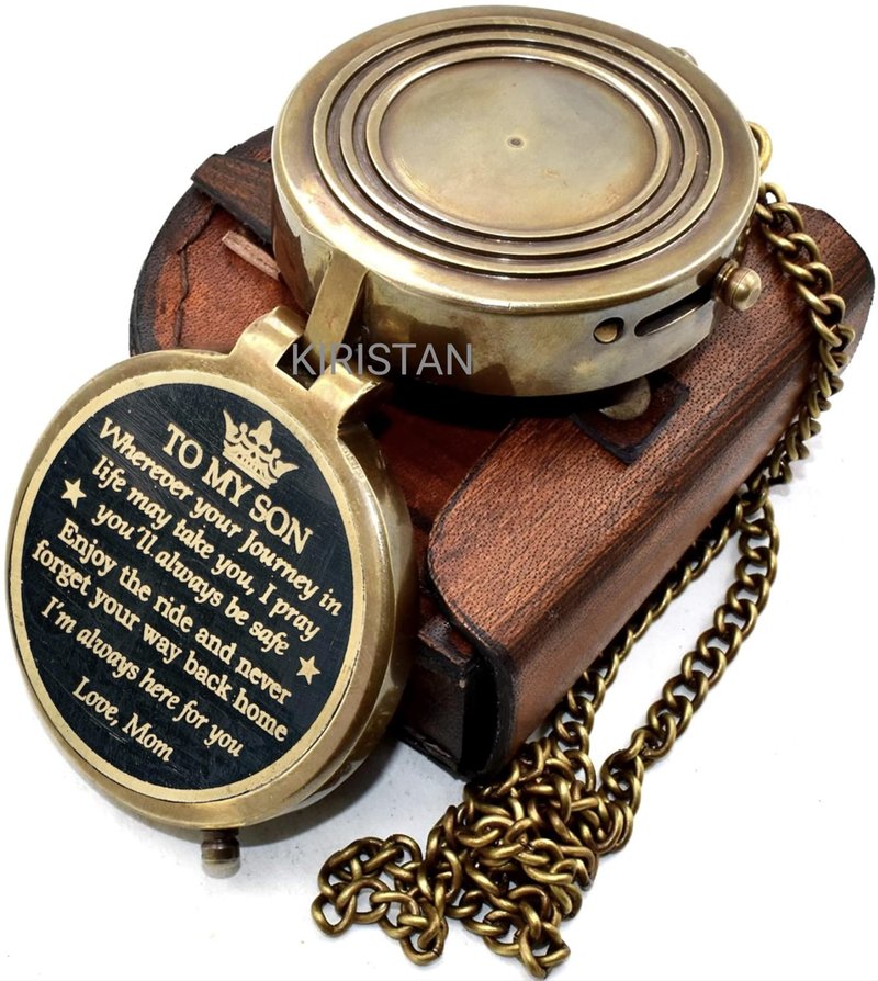 Antique Brass 2 Inch Compass | to My Son I'm Always here for You | Engraved Pocket Chain Compass with Leather Case for Love Mom to Son Antique Compass, Birthday Gift, Graduation Gift