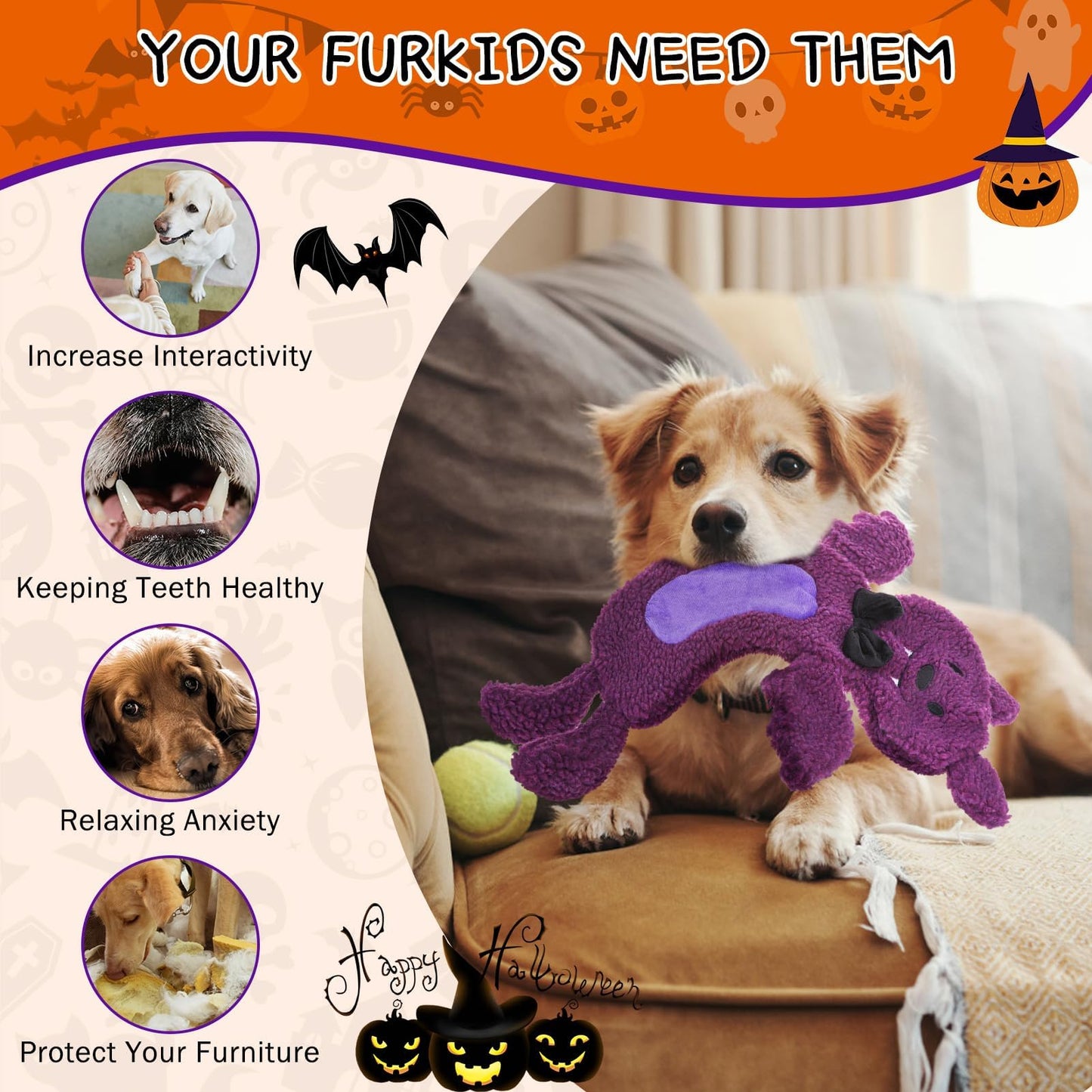 SCENEREAL Stuffless Halloween Dog Squeaky Toys for Small Medium Dogs, Crinkle Puppy Chew Toy, 3 Pack Cute Animals Shape Soft Pet Plush Teething Toys(Skeleton & Pumpkin & Bat)