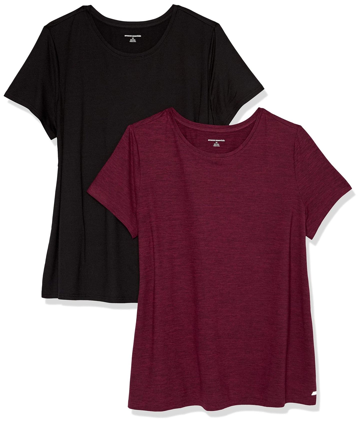 Amazon Essentials Women's Active Quick Dry Tech Stretch Short-Sleeve Crewneck T-Shirt (Available in Plus Size), Pack of 2, Black/Burgundy Space Dye, Medium