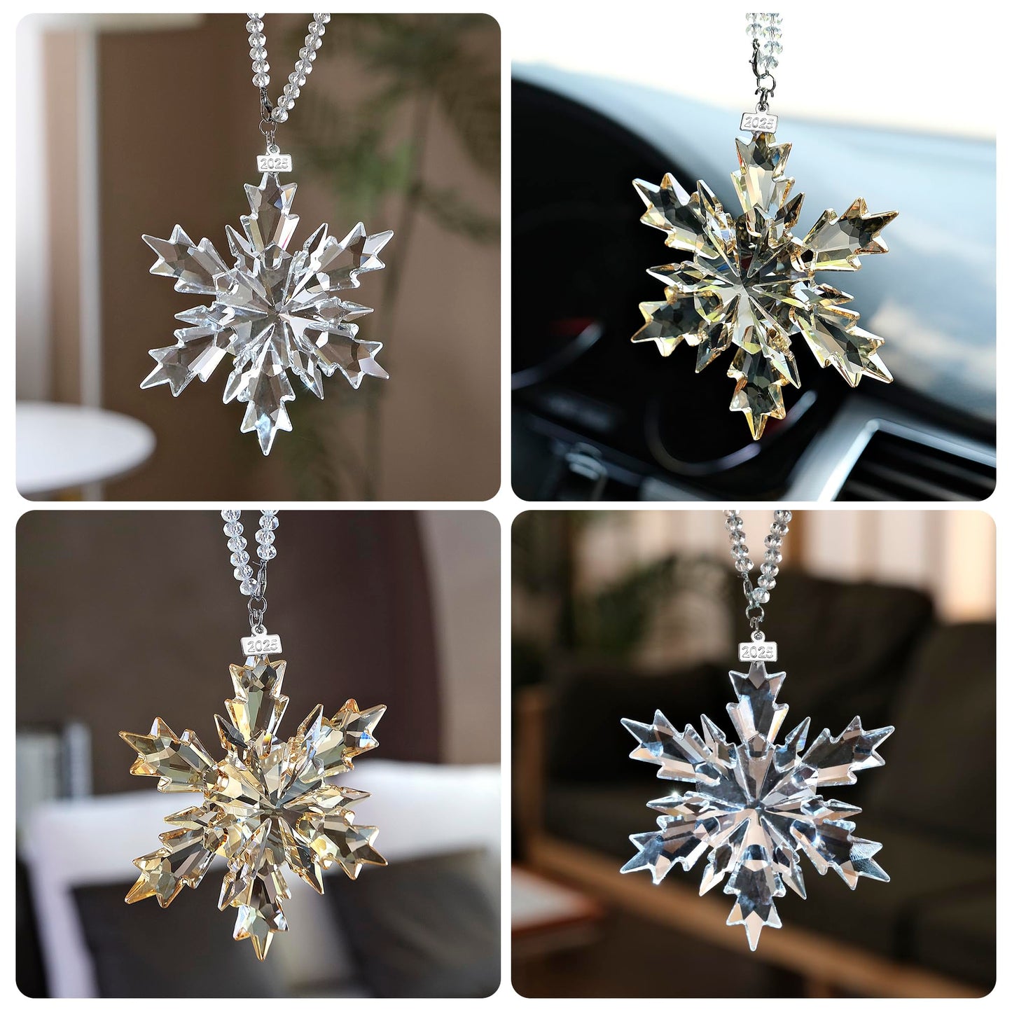 2025 Annual Christmas Ornaments Crystal Snowflake Star Clear White Faceted Crystal with Tone Metal Accents and Rayon Ribbon-New Year Christmas Tree Ornaments Crystals Sun Catcher Home Hanging Decor
