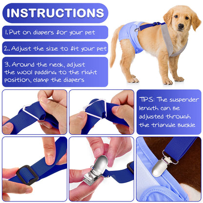 Saintrygo 2 Pcs Dog Suspenders for Diapers Female Male Belly Bands Canine Harness Keep Diaper on Your Pet for Small Medium and Large Dogs(Black, Blue,Large)