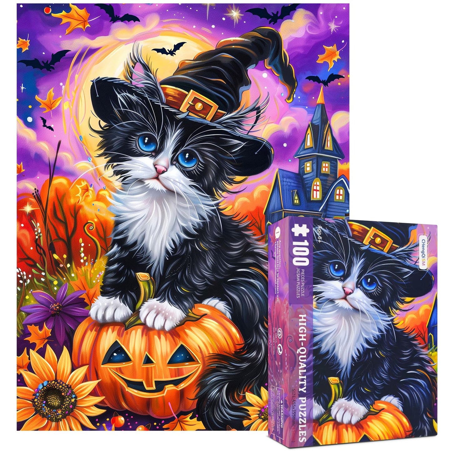 100 Piece Puzzles for Kids, Halloween Cat 100 Piece Puzzles for Adults, Cute Kitten Halloween 100 Pieces Puzzle for Kids Ages 4-8, Jigsaw Puzzle for Seniors Teens Brain Teaser