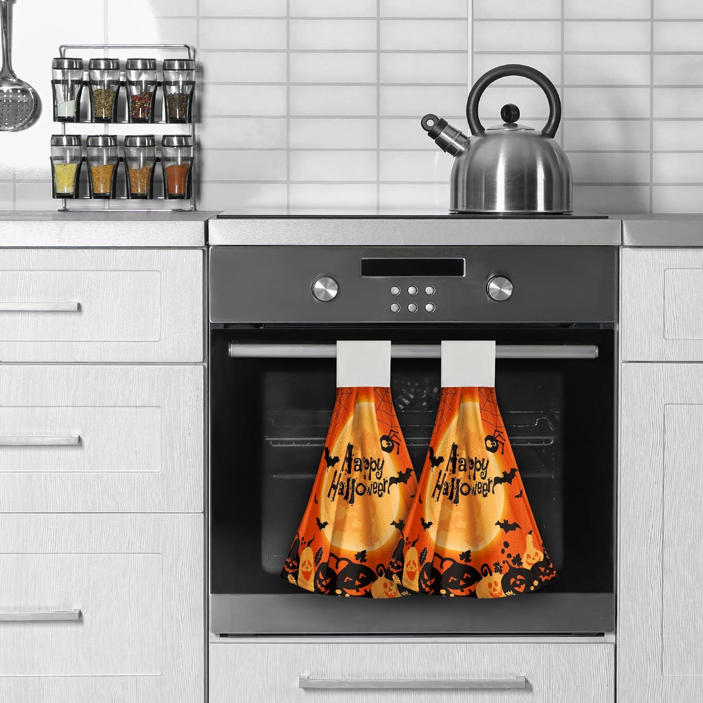 Giwawa Happy Halloween Hanging Kitchen Towels Set of 2 Spooky Pumpkin Bat Hand Tie Towel with Loop Scary Moon Orange Fast Drying Dish Tea Towels for Bathroom Tabletop Home Decor