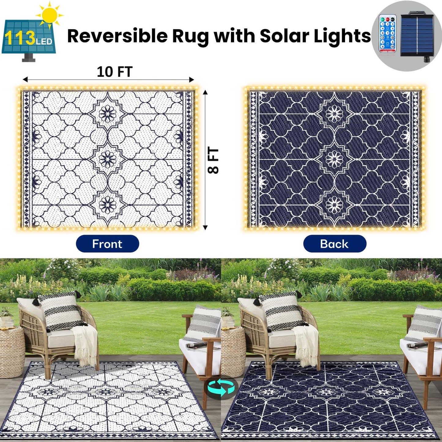 Lighted Outdoor Rug 8x10 ft, Solar Powered Patio Rug with 113 LED Lights, Waterproof Plastic Reversible Outdoor Straw Rugs, Rugs Mat for House Deck RV Camping Patio Beach Balcony Picnic (Blue White)