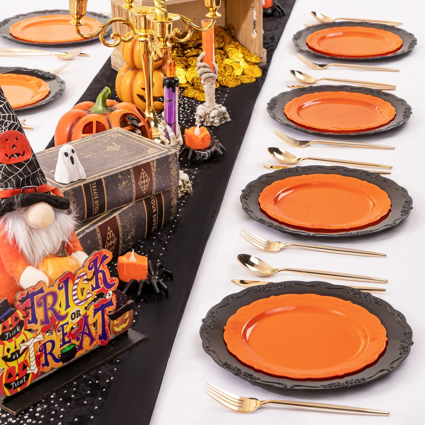 U-QE 60 Pieces Halloween Plastic Plates - Orange and Black Plates Disposable for Party - Halloween Party Supplies Including 30 Black Plastic Plate 10'' & 30 Orange Plate 7.5 ''