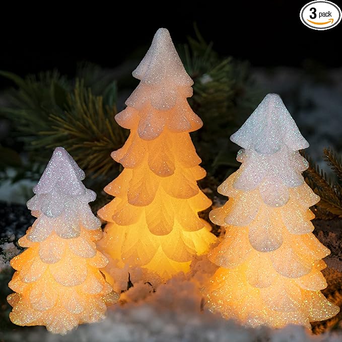 Glittering White Christmas Tree Shaped Flickering Flameless LED Candles with Timer, Real Wax Battery Operated for Home Party Decoration and Gift (Set of 3)