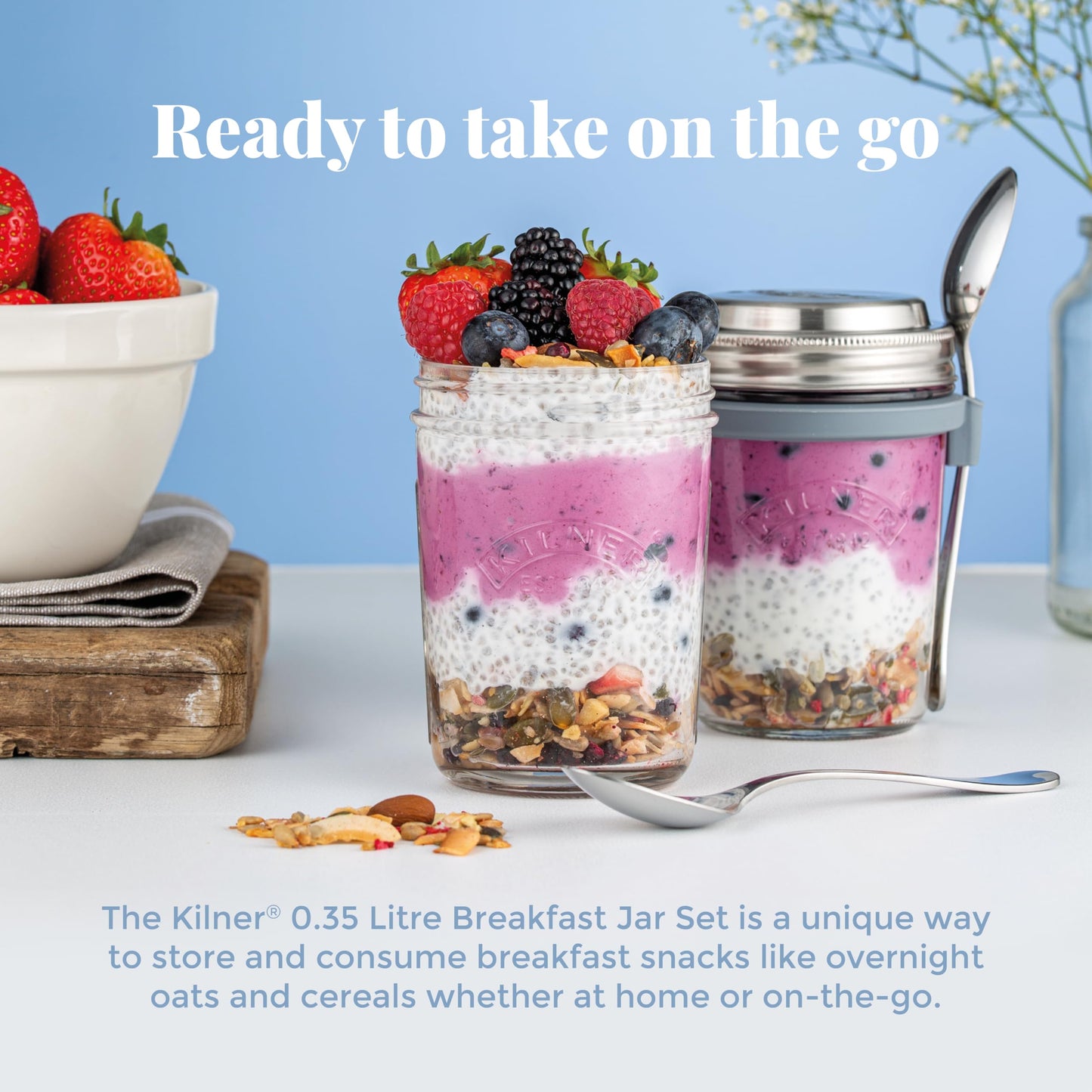 Kilner 0.35 Litre Breakfast Jar Set with Stainless Steel Spoon and Measuring Lid Perfect for Overnight Oats, Yogurt, Smoothie Bowls, Granola, Chia Pudding