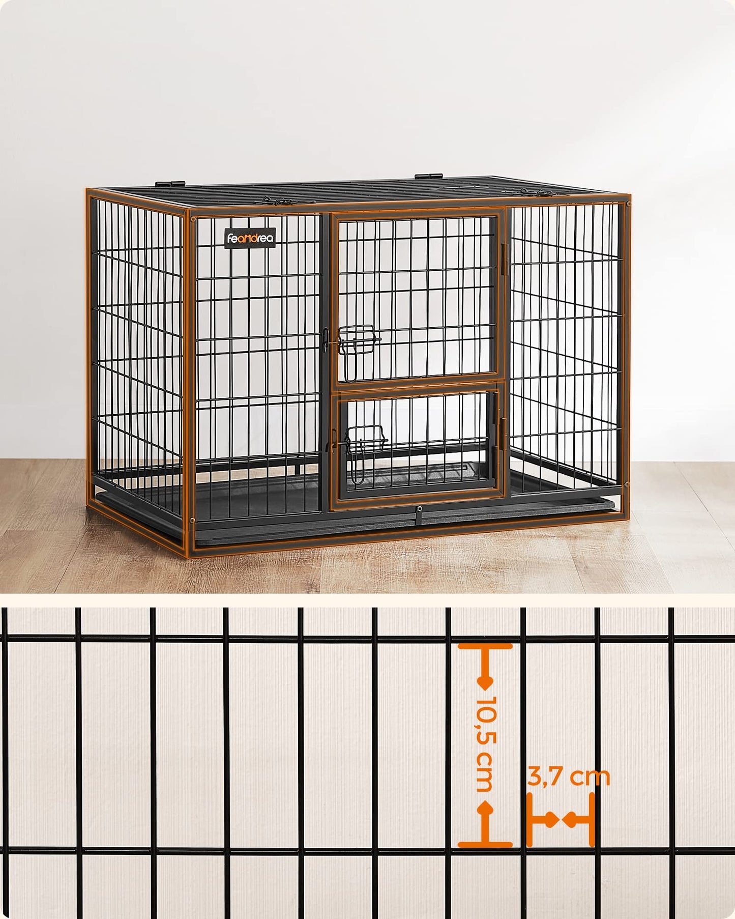 Feandrea Heavy-Duty Dog Crate, Dog Cage, 122 x 74.5 x 80.5 cm, for Medium and Large Dogs, Double Removable Door, Easy Cleaning, Pet Cage, XXL, Black PPD003B01