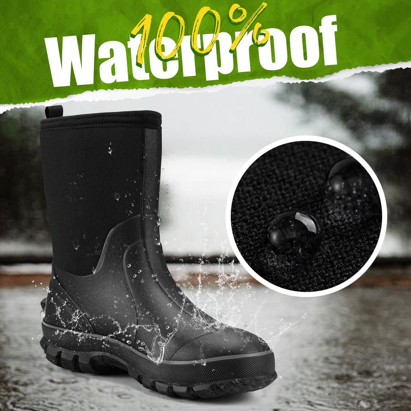 TIDEWE Rubber Boots for Men, 5.5mm Neoprene Insulated Rain Boots with Steel Shank, Waterproof Mid Calf Hunting Boots, Sturdy Rubber Work Boots for Farming Gardening Fishing (Black Size 7)