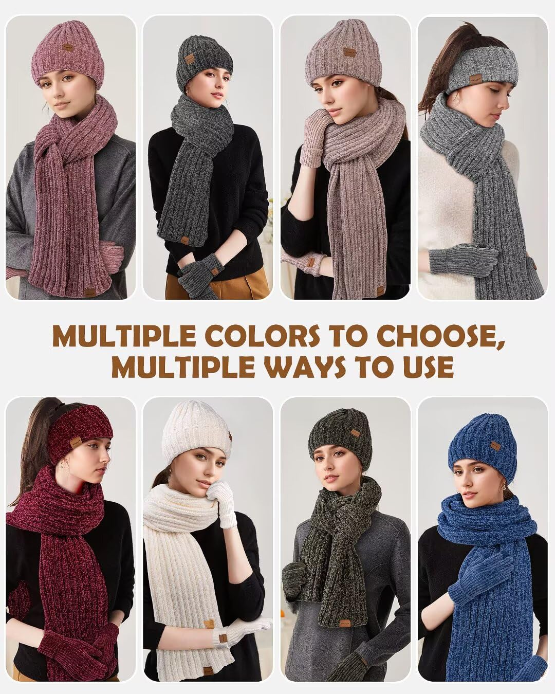 Women Beanie Scarf Gloves Headband Set for Winter, Chenille Beanie Hats Ear Warmer with Fleece Lined Knit Scarf Touchscreen Gloves, 4 In 1 Warm Xmas Gift Set Stocking Stuffers for Women-Gray