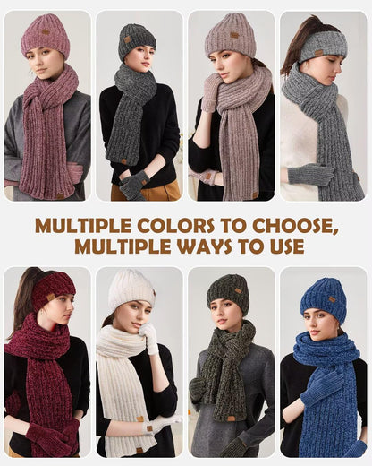 Women Beanie Scarf Gloves Headband Set for Winter, Chenille Beanie Hats Ear Warmer with Fleece Lined Knit Scarf Touchscreen Gloves, 4 In 1 Warm Xmas Gift Set Stocking Stuffers for Women-Gray