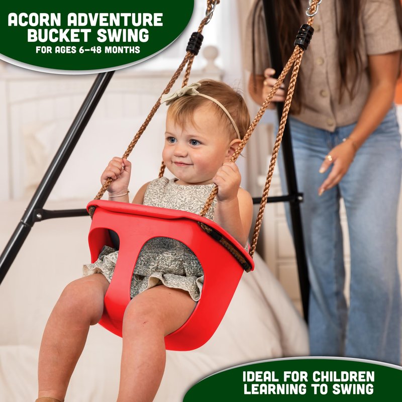Acorn Adventures Toddler Swing Seat – Baby Bucket Swing for Outdoor Backyard & Porch, Adjustable Ropes, Easy Install, Weather-Resistant HDPE - Red