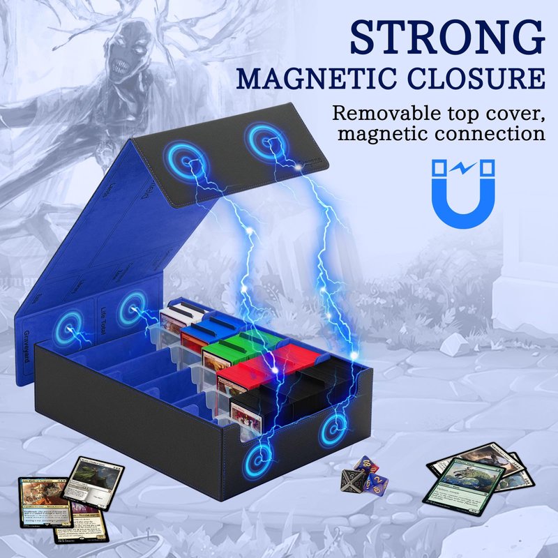 5 Row Trading Card Storage Box, 3800+Bulk Card Organizer Box with 20 Dividers & 5 Supporters, Graded Card Deck Box for YuGiOh, MTG, TCG Black/Blue
